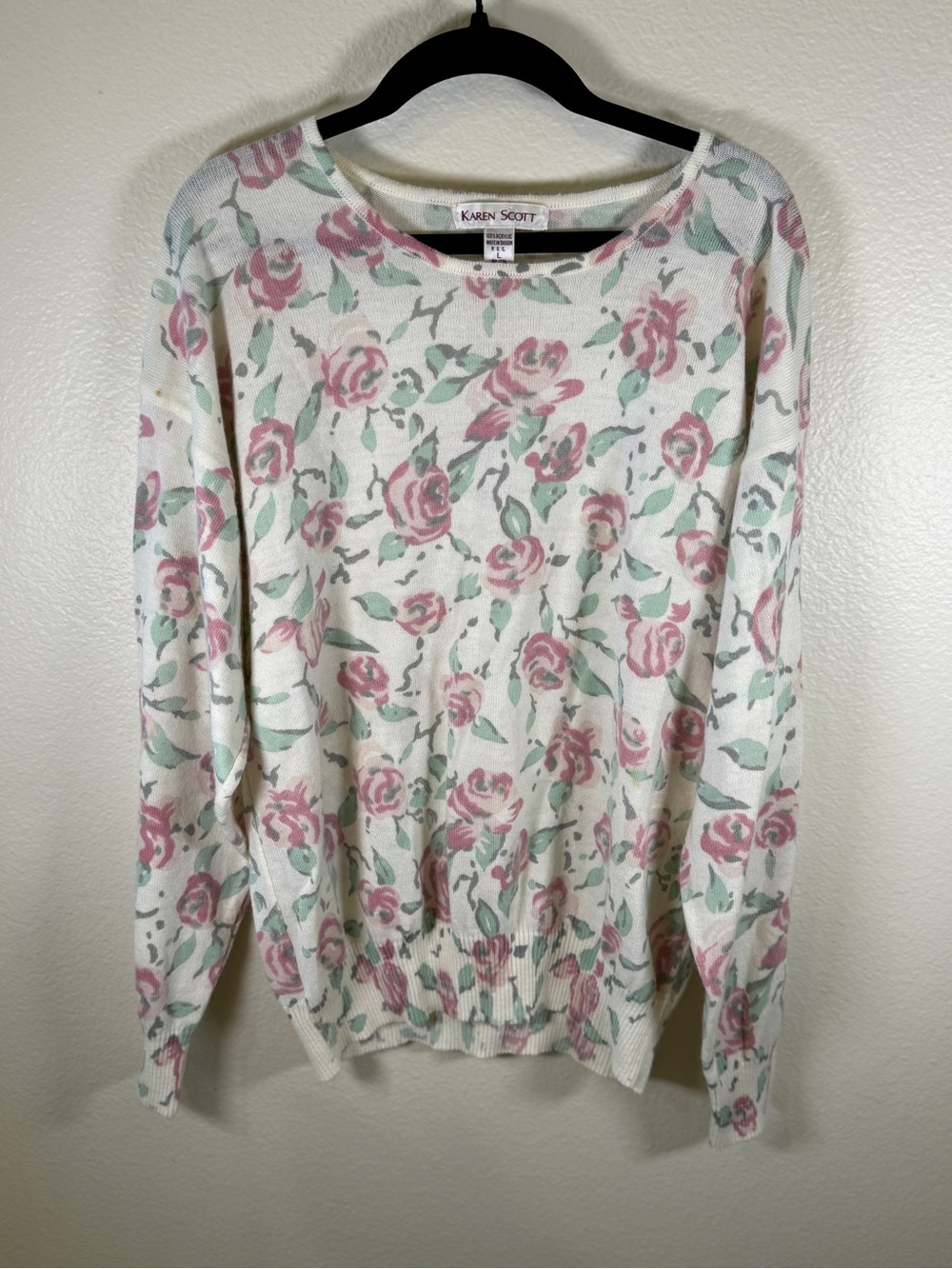 Karen Scott Cream Floral Crewneck Sweater with Pink Roses and Green Leaves